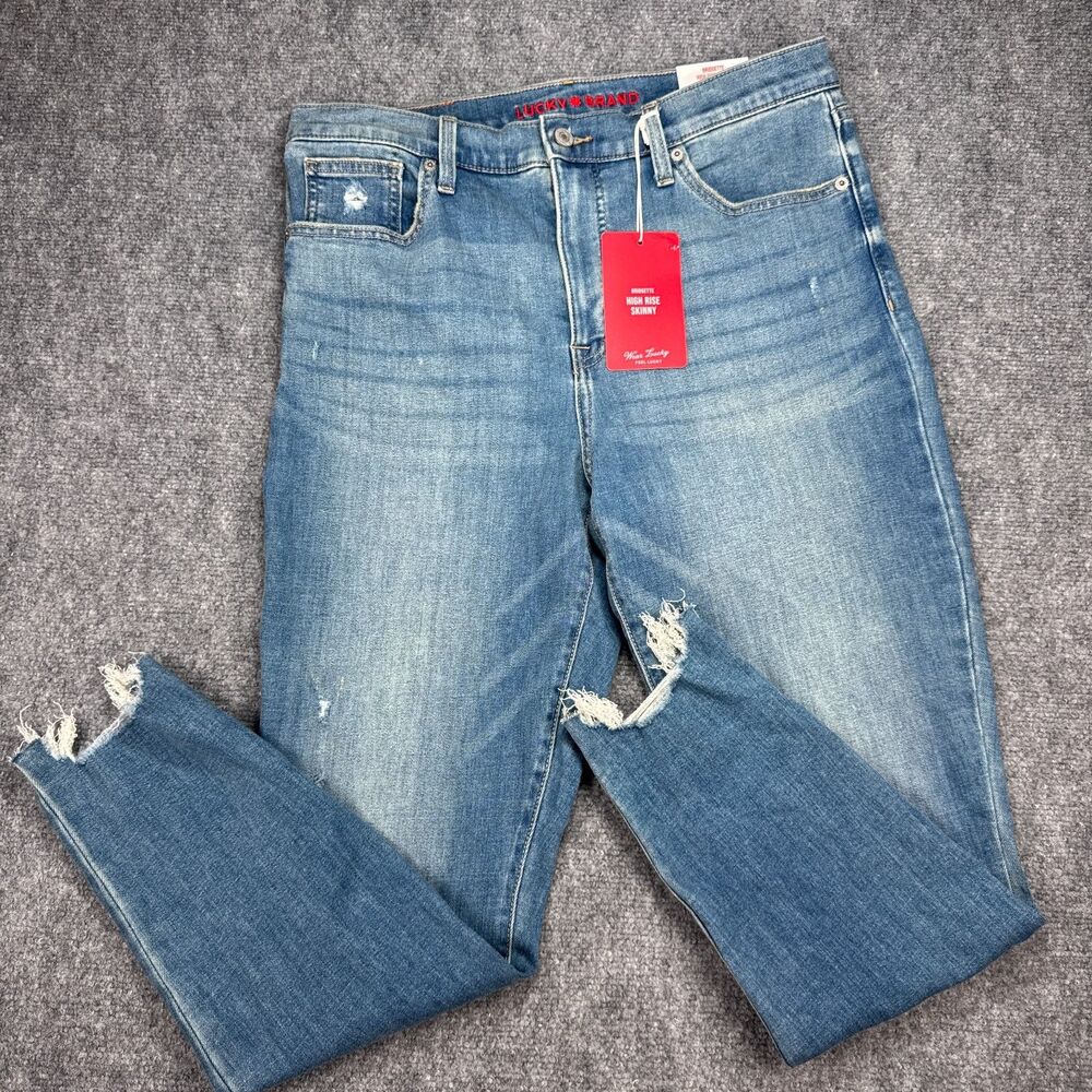 NWT Lucky Brand Bridgette High Rise Skinny Jeans Womens 14/32 Distressed Fringe